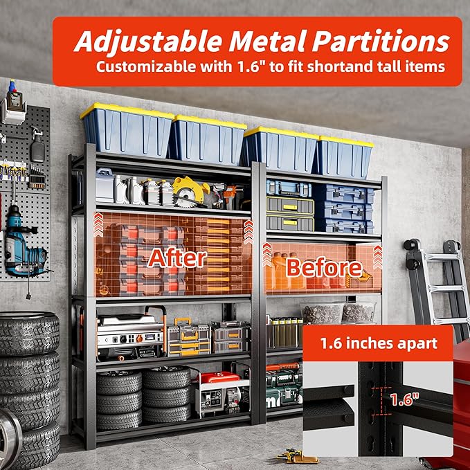 59" W Garage Shelving,5-Tier Heavy Duty Shelving Unit,3000LBS Adjustable Metal Storage Shelves,Storage Rack Units for Industrie,Shed,Warehouse,Basement,Black,59" W x 20" D x 72" H