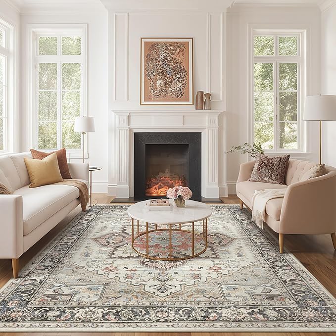 Area Rug 9x12 for Living Room, Medallion Printed Ultra-Thin Soft Large Carpet, Oriental Non Slip Big Washable Fade Stain Resistant Rugs for Bedroom Dining Room Home Office Decor