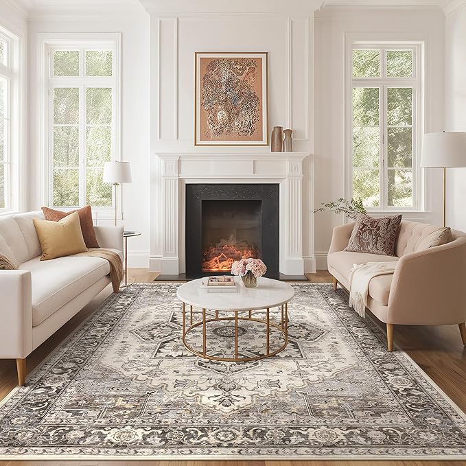 Area Rug for Living Room - 8x10 Soft Machine Washable Oriental Vintage Floral Distressed Large Indoor Floor Carpet for Bedroom Under Dining Table Home Office Decor - Grey Brown