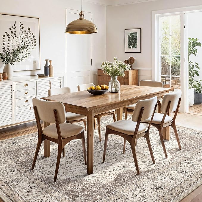 Washable Rug for Living Room - 10x12 Non-Slip Soft Vintage Floral Area Rug for Family Kids & Pet, Stain Resistant Carpet for High Traffic Bedroom Dining Room Teen Dorm Home Decor Aesthetic (Brown)