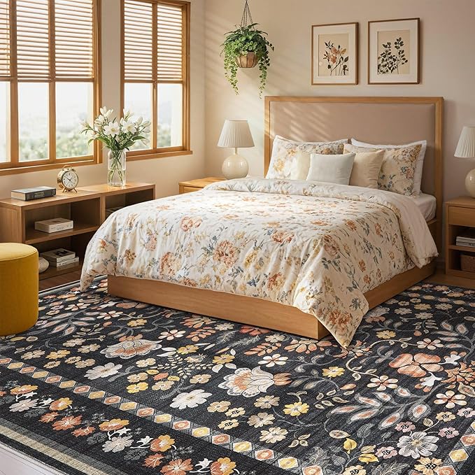 10x12 Area Rug Living Room Rugs - Washable Boho Vintage Floral Large Soft Non Slip Thin Rug Low Pile Carpet for Bedroom Dining Room Kids Playroom Office Decor Indoor- Black Grey