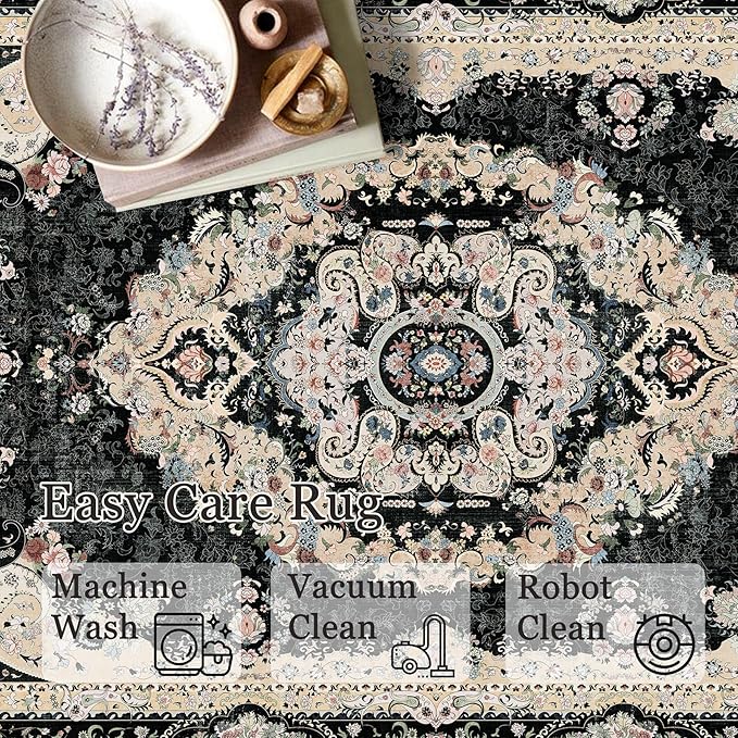Black Round Rug 9ft,Large Circle Area Rugs for Bedroom Living Room Dining Room,Washable Boho Vintage Bohemian Distressed Oriental Carpet Non Slip,Floral