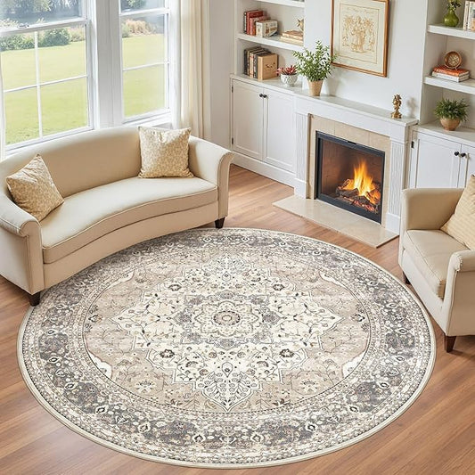 Washable 8 Ft Round Area Rug - Vintage Floral Stain & Fade Resistant Non-Slip Backing Carpet for Living Room, Bedroom, Dining Room, Home Office Floor Decor Large Carpets (Camel/Beige)