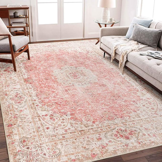 5x7 Area Rugs Washable,Pink Rug for Living Room Bedroom Kitchen,Large Boho Vintage Bohemian Distressed Carpet Non Slip,Blush