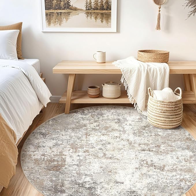 8ft Round Area Rug Living Room Rugs - 8x8 Washable Neutral Modern Abstract Soft Thin Rug Indoor Floor No Slip Rug Carpet for Bedroom Under Dining Table Home Office Decor - Brown Grey