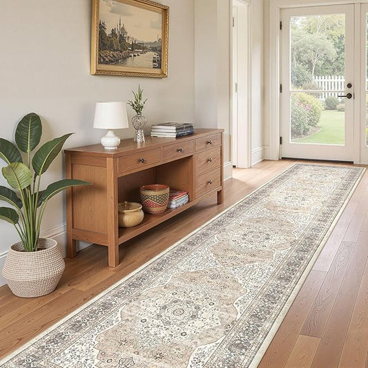 Washable 3x14 Hallway Runner Rug - Vintage Floral Stain & Fade Resistant Non-Slip Backing Ultra-Thin Long Carpet for Entryway, Bedroom, Kitchen, Corridor Decor (Camel/Beige)