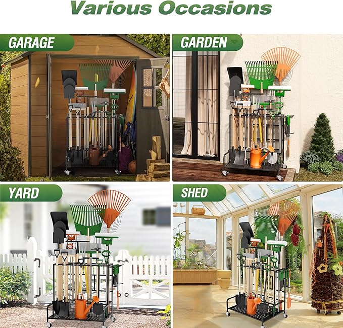 Garden Tool Organizer Rack with Wheels Up to 39 Tools, Heavy-Duty Steel Yard Tool Organizer for Garage Storage with 12 Hooks, Broom Holder & Garden Tool Rack for Shed, Patio, Outdoor Use, Black