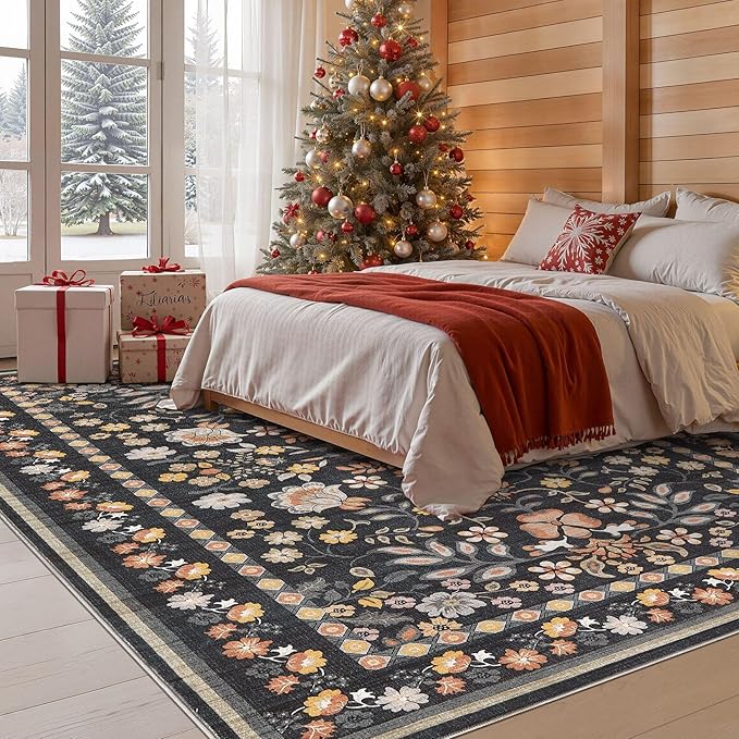 7x9 Area Rug Living Room Rugs - Washable Boho Vintage Floral Large Soft Non Slip Thin Rug Low Pile Carpet for Bedroom Dining Room Kids Playroom Office Decor Indoor- Black Grey