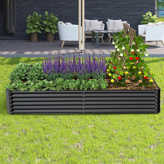 Domi 8x4x1.5ft Metal Raised Garden Beds Outdoor, Thickened Galvanized Steel Deep Root Planter Box with Stabilizing Bars & Rubber Edging for Vegetables, Flowers, Herbs - Dark Gray