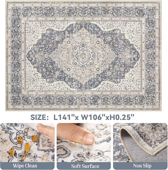 Washable Rug 9x12 Area Rugs for Living Room Bedroom Dining Room Home Office Floor Decor -Stain & Fade Resistant Non Slip Backing Carpet,Ultra-Thin Vintage Large Carpets (Blue/Beige,9'x12')