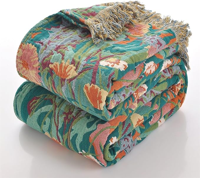 Boho Throw Blanket for Bed 100% Cotton Ultra Soft Rustic Quilt Floral Printed Farmhouse Decor Fall Bed Blankets,80"×90" All Season Rustic Large Throw for Sofa Couch Chair