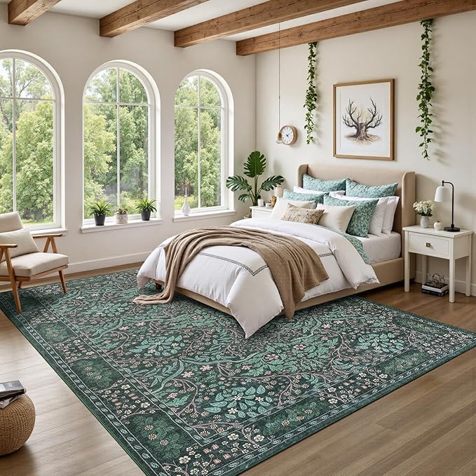 Washable Area Rug 9x12 Living Room Rug,Dark Green Rug for Dining Room Entryway Bedroom Farmhouse Nursery Home Office,Low Pile Stain & Slip Resistant Large Carpet for Bedroom