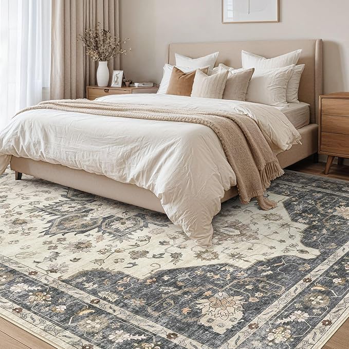 Area Rug for Living Room - 7x9 Soft Washable Oriental Vintage Floral Distressed Large Carpet - Fade Stain Resistant Non Slip Rugs for Bedroom Dining Room Nursery Dorm Office Home Decor - Beige Blue