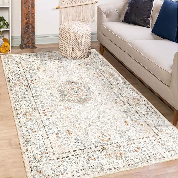 Boho Rug 3x5,Washable Area Rugs for Bedroom Living Room Kitchen Entryway,Small Vintage Bohemian Distressed Non Slip Carpet,Beige