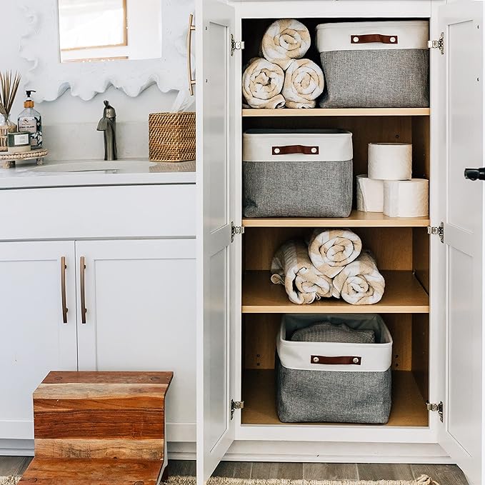 OrganiHaus Extra Large Fabric Storage Baskets for Shelves 3 Pack, 16x13in Closet Storage Bins for Shelves, Canvas Baskets for Organizing, Linen Closet Organizers, Cloth Basket, Gray/Off-White