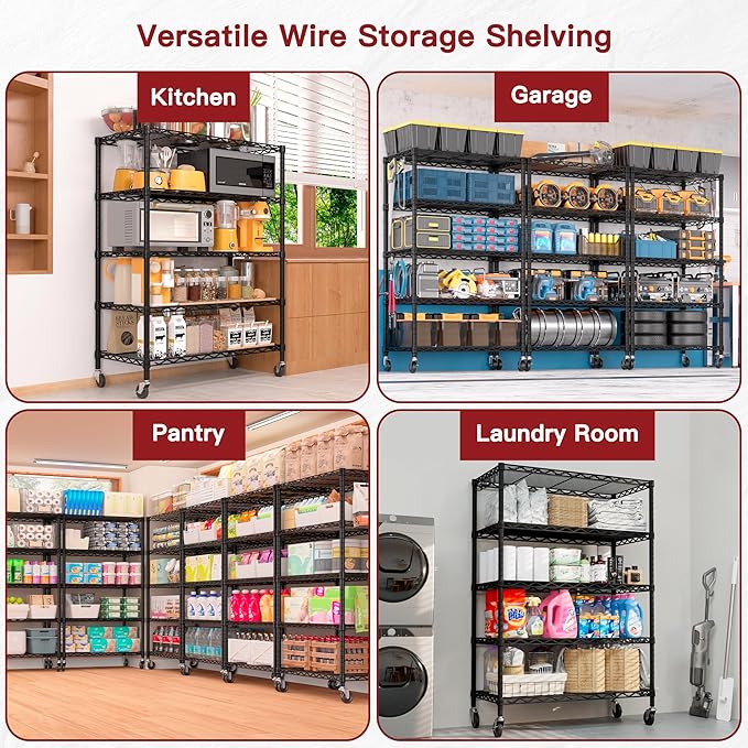 PrimeZone Wire Shelving Unit with Wheels, 5 Tier Adjustable NSF Certified Heavy Duty Metal Storage Shelves, Pantry Organizer Rack Rolling Kitchen Shelf for Closet Garage, 24" W x 18" D x 75" H, Black