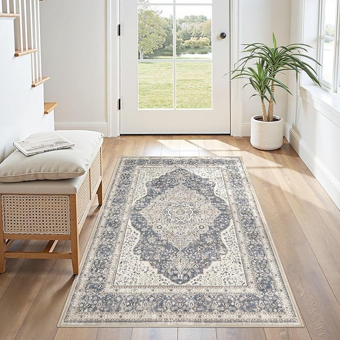 3x5 Washable Entryway Rug: Non-Slip Soft Indoor Throw Area Rug for Living Room Bedroom Kitchen, Boho Floral Distressed Durable Carpet for Hallway Bathroom Laundry Home Decor (Blue/Beige)