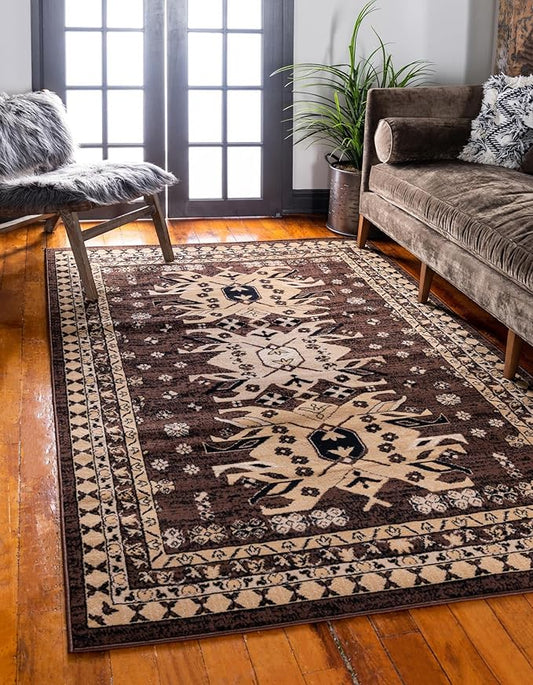 Unique Loom Taftan Collection Border Geometric Tribal Inspired Design Area Rug (4' 0 x 6' 0 Rectangular, Brown/ Tan)