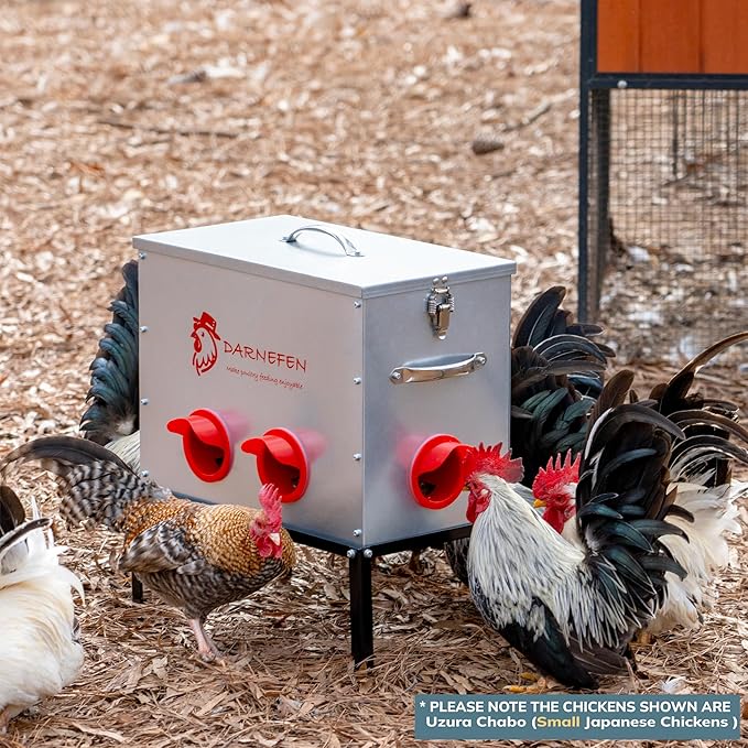 Automatic Chicken Feeder Rat Proof - 40lb 6 Ports Large Capacity Metal Poultry Feeder with Legs and Lids - Galvanized Chicken Feeder for Hen Coop