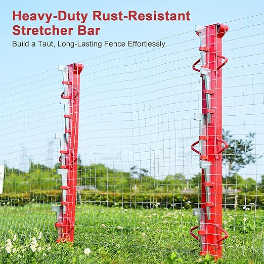 6ft Woven Wire Fence Stretcher Bar with 7 Wedges, Heavy-Duty Carbon Steel Fence Stretcher Tool Wire Puller, Red Anti-Corrosion Coating, 6.67ft Length, Ideal for Farms, Ranches & Outdoor Fencing