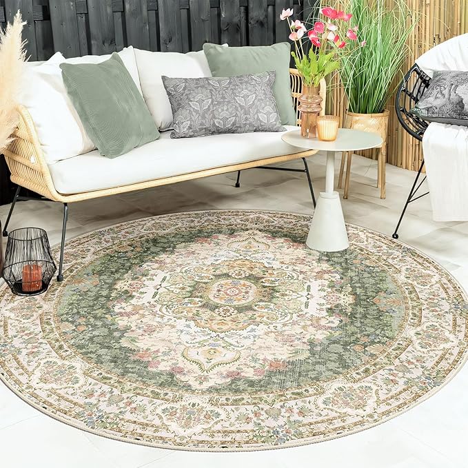 Green Round Rug 6ft,Large Circle Area Rugs for Bedroom Living Room Dining Room,Washable Boho Vintage Bohemian Distressed Oriental Carpet Non Slip,Sage Floral
