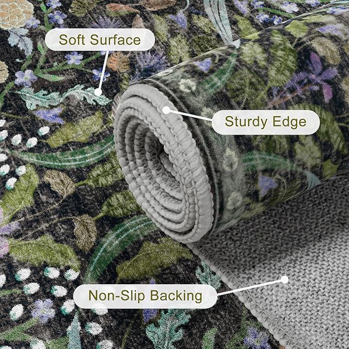 AMTOVO 5x7 Washable Area Rugs for Living Room, Vintage Boho Floral Distressed Print Non-Slip Carpet, Soft Colorful Accent Rug for Bedroom Dining Room Playroom Nursery Farmhouse Girls Room, Black