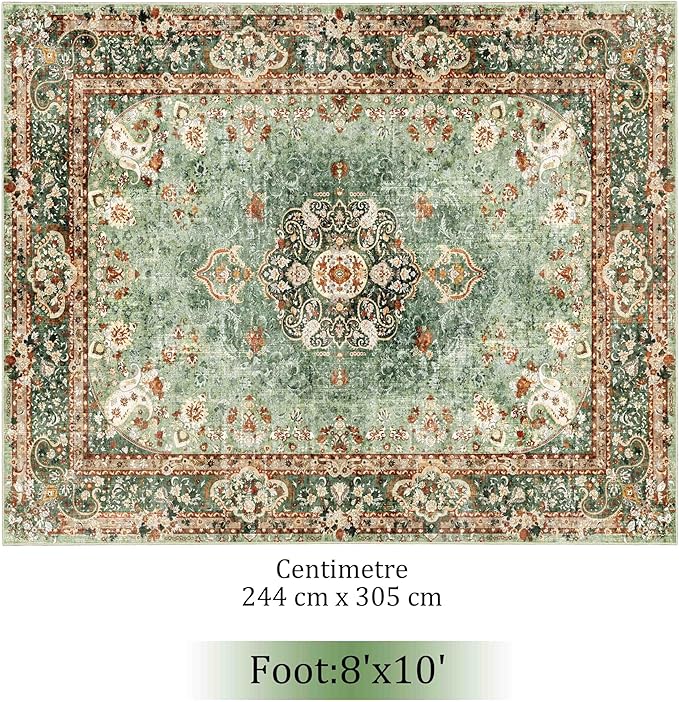 8x10 Area Rugs Washable,Green Rug for Living Room Bedroom Dining Room,Large Boho Vintage Bohemian Distressed Oriental Carpet Non Slip