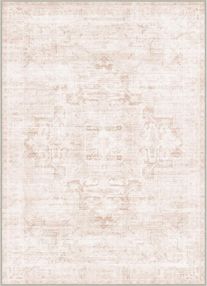 GENIMO Machine Washable 8x10 Area Rugs for Living Room, Non Slip Vintage Rugs, Low Pile Lightweight Chenille Print Rug for Bedroom, Dining Room, Home Office, Pastel Pink