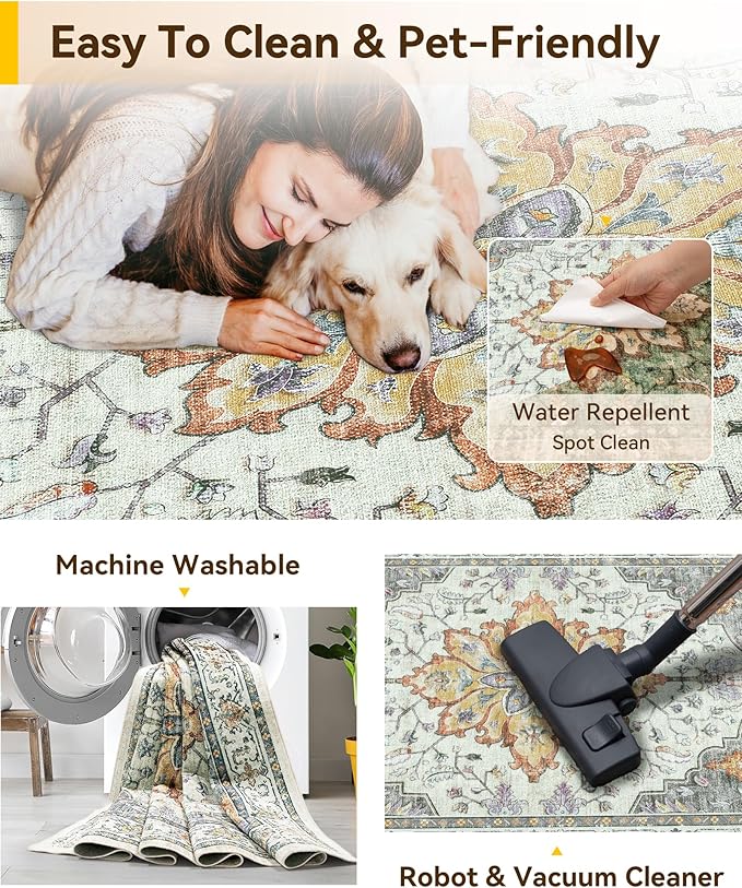 Area Rugs 2'x4' Washable Non-Slip, Floral Vintage Distress Print Pattern Medallion Carpet for Living Room Bedroom Dining Room, Light Yellow Carbon Grey Orange