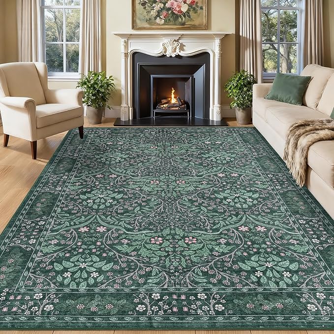 Washable Area Rug 9x12 Living Room Rug,Dark Green Rug for Dining Room Entryway Bedroom Farmhouse Nursery Home Office,Low Pile Stain & Slip Resistant Large Carpet for Bedroom