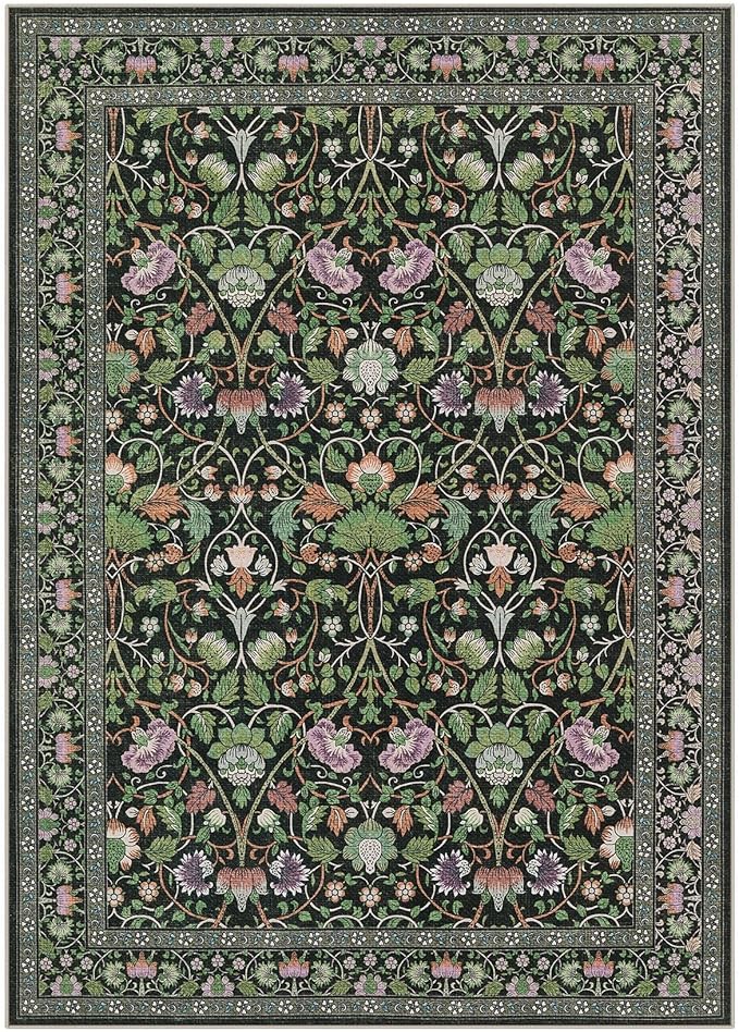 10x14 Area Rug Living Room Rugs - Washable Boho Vintage Floral Large Soft Non Slip Thin Rug Low Pile Carpet for Bedroom Dining Room Kids Playroom Office Decor Indoor- Green Dark