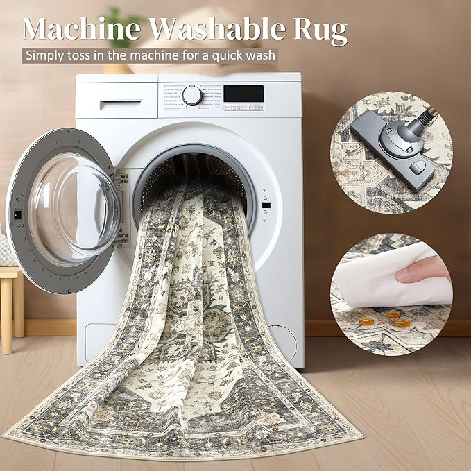 Area Rug for Living Room - 10x12 Soft Washable Oriental Vintage Floral Distressed Large Carpet - Fade Stain Resistant Non Slip Rugs for Bedroom Dining Room Nursery Dorm Office Home Decor - Beige Blue