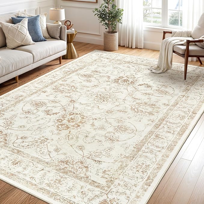 Madane 5x7 Area Rugs for Living Room, Washable Vintage Natural Rug with Non-Slip Backing, Soft Floral Print Throw Rugs Floor Low Pile Carpet for Bedroom Dining Room Farmhouse (5 x 7, Wood/Ivory)