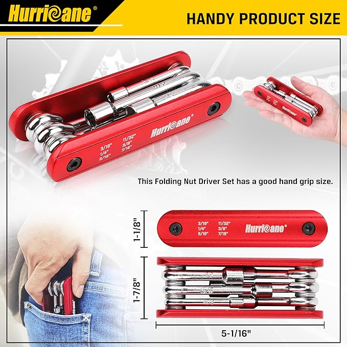 HURRICANE 6 in 1 Folding Nut Driver Set SAE, Hex Nut Driver Set, Cr-V Steel Shank. Premium Portable Premium Aluminum Handle. Easy to Carry Out, 3/16, 1/4, 5/16, 11/32, 3/8, 7/16 inch