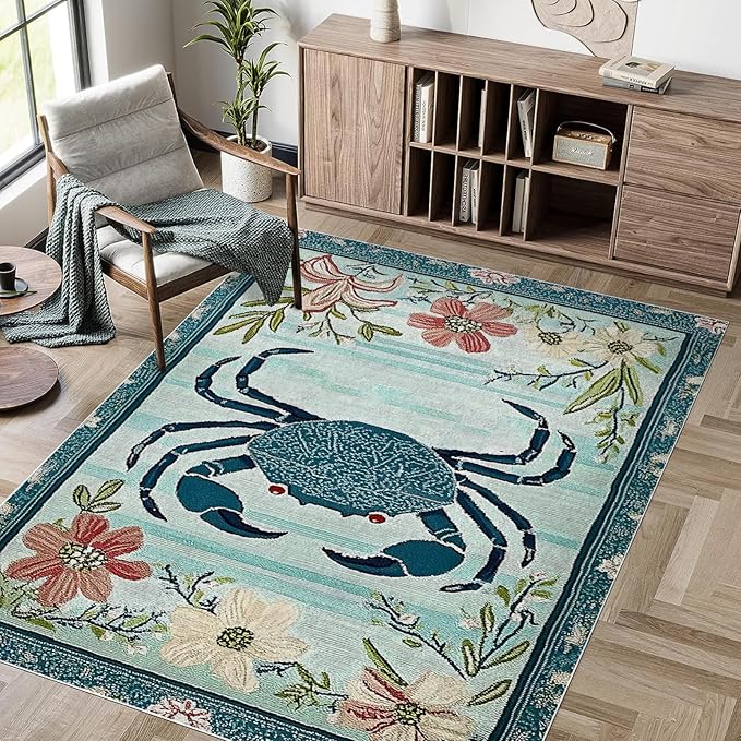 8x10 Crab Area Rugs Boho Teal Rug for Living Room Indoor Soft Non-Slip Thin Large Carpet Floral Flower Rugs for Bedroom Home Decor Under Table Washable Machine