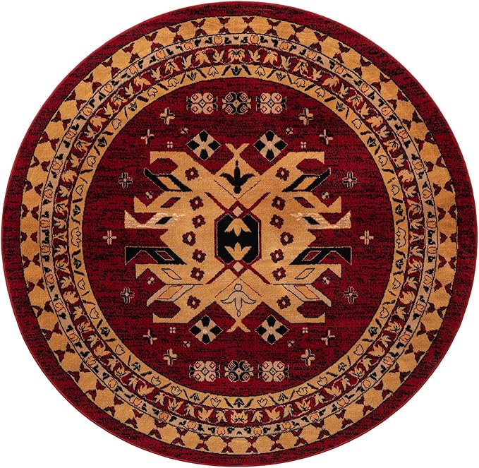 Unique Loom Taftan Collection Border Geometric Tribal Inspired Design Area Rug (8' 0 x 8' 0 Round, Red/ Gold)