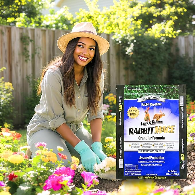 Nature's MACE Rabbit Repellent Granules, Outdoor Rabbit Deterrent for Landscape, Keep Bunnies Out of Your Lawn and Garden, 30 Pound Granular Bag, Safe to use Around Pets, People, & Plants