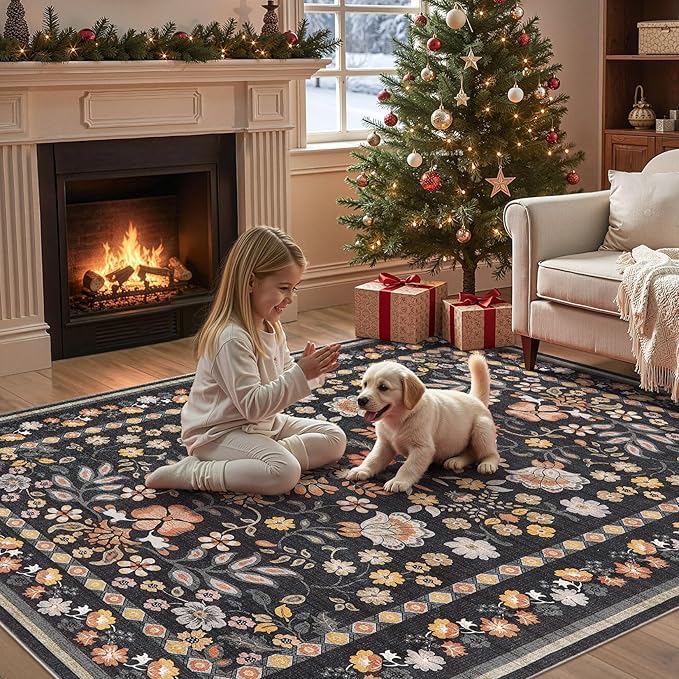 6x9 Area Rug Living Room Rugs - Washable Boho Vintage Floral Large Soft Non Slip Thin Rug Low Pile Carpet for Bedroom Dining Room Kids Playroom Office Decor Indoor- Black Grey