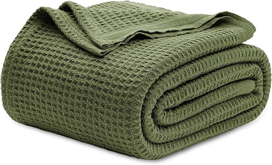 Bedsure Gentlesoft 100% Cotton Blanket Twin XL Size for College Dorm - Breathable and Soft, Waffle Weave Twin Blanket for Summer, Dorm Room Essentials, Olive Green, 66x90 inches