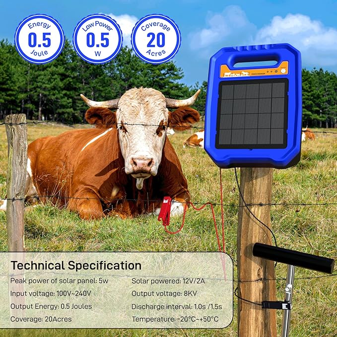 Solar Electric Fence Charger for Livestock, Low Consumption Electric Fence Controller with Smart Day/Night Mode, Suitable for Pasture or Garden Fencing