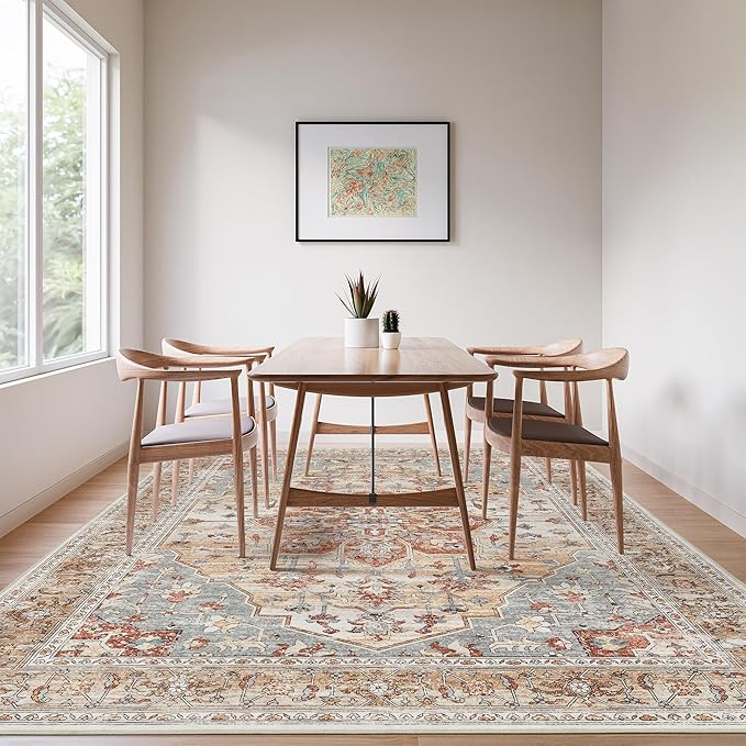 Rugland 8x10 Area Rugs - Stain Resistant Washable Rug, Anti Slip Backing Rugs for Living Room, Vintage Tribal Area Rugs (TPR11-Orange, 8'x10')