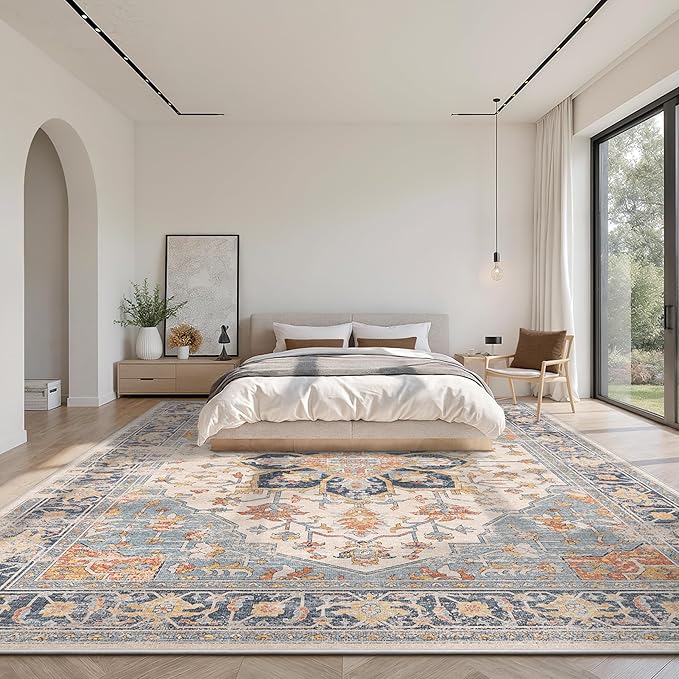 Rugland Area Rugs 9x12 Living Room - Stain Resistant Washable Rug, Anti Slip Rugs for Living Room, Vintage Tribal Area Rugs(TPR11-Blue, 9'x12')