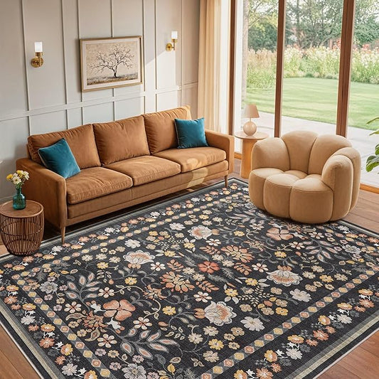 10x12 Area Rug Living Room Rugs - Washable Boho Vintage Floral Large Soft Non Slip Thin Rug Low Pile Carpet for Bedroom Dining Room Kids Playroom Office Decor Indoor- Black Grey