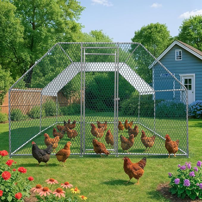 VINGLI Chicken Coop, Large Metal Poultry Cage for Chicken Run, Walk-in Chicken Pen with Waterproof & Anti-UV Cover Outdoor (Silver-Flat Roof, 13.1 * 9.8 * 6.5 ft)
