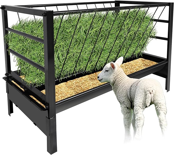 Large Pasture Hay Feeder 71Gallon, 2 in 1 Goat Hay and Grain Feeder for Goat Sheep Horse, Galvanized Steel Livestock Feeders with Top Rack & Feeding Trough, Easy to Install for Farms Shed Outdoor