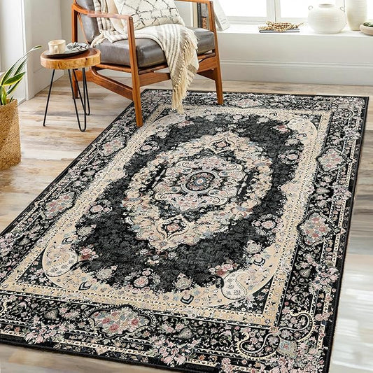 Black Rug 3x5,Washable Area Rugs for Bedroom Living Room Kitchen Entryway,Small Boho Vintage Bohemian Distressed Non Slip Carpet,Floral