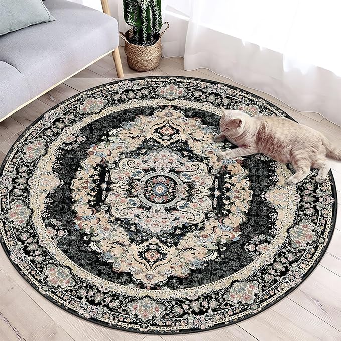 Black Round Rug 4ft,Circle Washable Area Rugs for Bedroom Bathroom Entryway,Boho Vintage Bohemian Distressed Oriental Carpet Non Slip,Floral