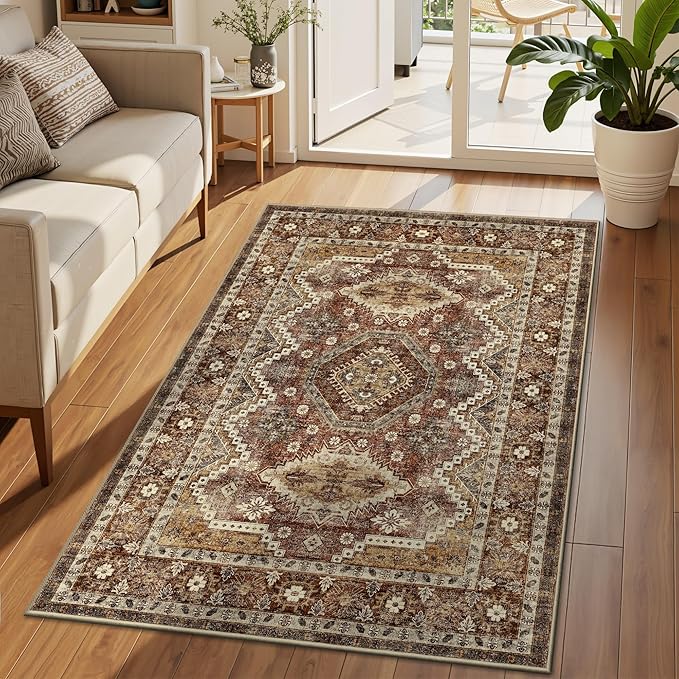 Rugland 3x5 Rug - Stain Resistant Washable Rug, Anti Slip Backing Rugs for Living Room, Vintage Tribal Area Rugs (TPR07-Rust, 3'x5')