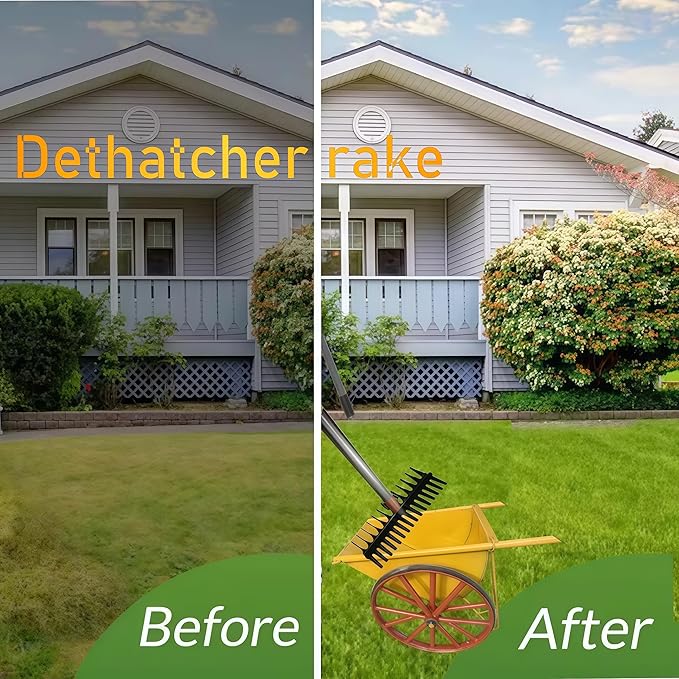 15" Heavy Duty Thatch Rake - Metal Dethatcher with Strong Handle for Lawn Yard Leaf Weed & Soil Loosening (Yellow-tine29)