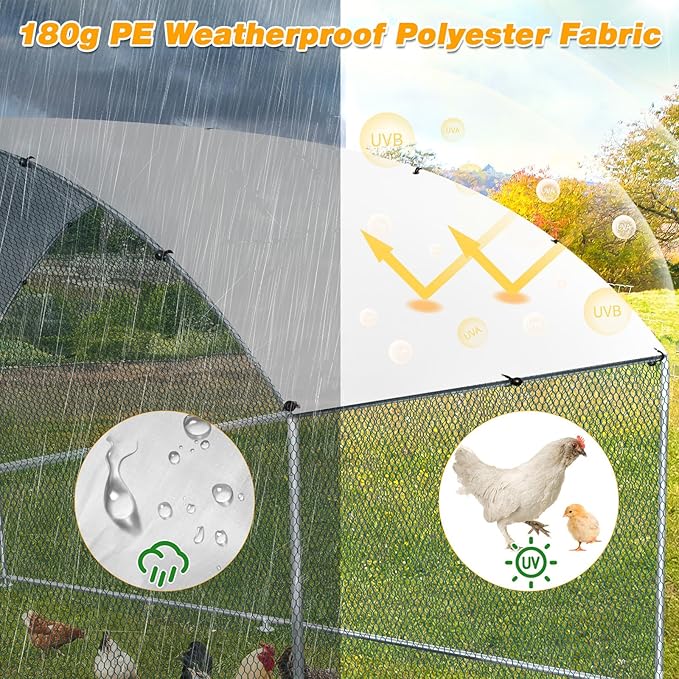 VINGLI Chicken Coop, Large Metal Poultry Cage for Chicken Run, Walk-in Chicken Pen with Waterproof & Anti-UV Cover Outdoor (Silver-Dome Roof, 9.8 * 9.8 * 6.5 ft)